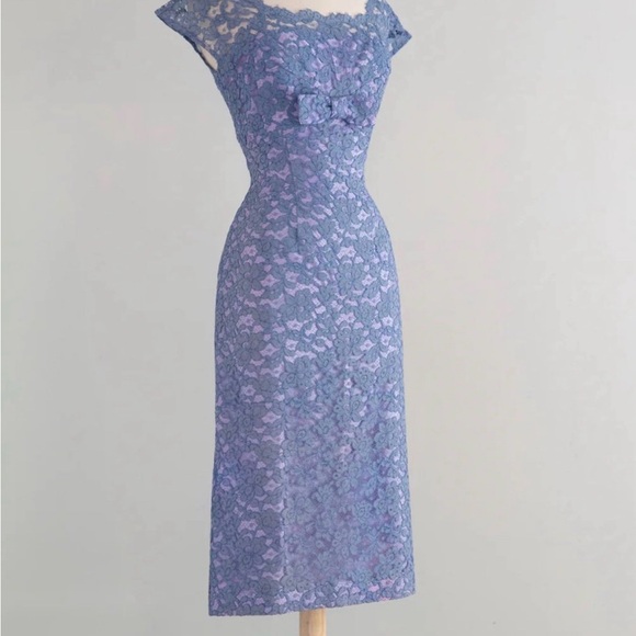 1950's French Blue Lace Wiggle Dress - Picture 2 of 7